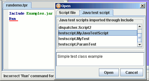 Java test script selection in the Run command file chooser